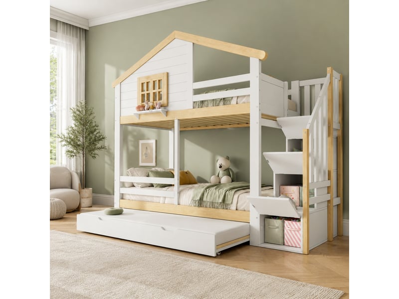  Lit superposé, 90x200 cm, maison, escalier de rangement, avec lit gigogne, matelas non inclus, coloris blanc et naturel  - Conforama B