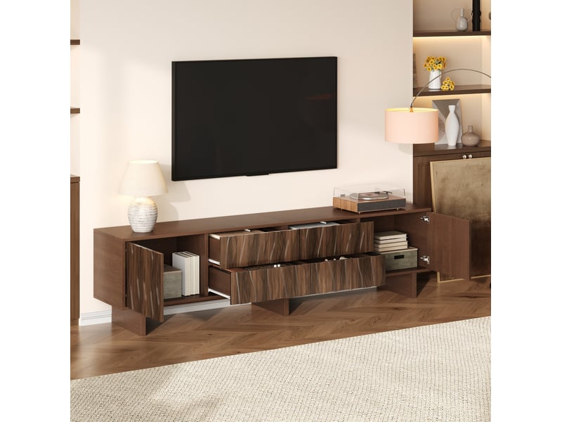  Meuble tv 180 x 40 x 56 cm, 4 tiroirs, 2 portes, décor noyer foncé, jusqu’à 75 pouces  - Conforama B