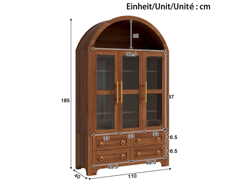  Vitrine style vintage à arche, 110 x 40 x 185 cm, finition imitation bois couleur noyer, 3 portes vitrées et 4 tiroirs de rangement  - Conforama C