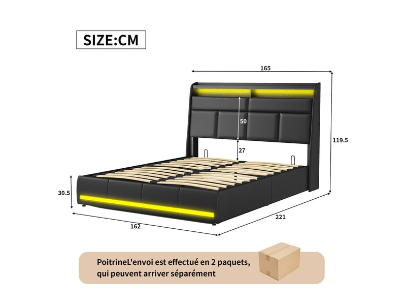  Lit coffre 160x200 cm - lit double 160x200 - rembourré en simili cuir pu, éclairage led tête et pied de lit, sommier - noir  - Conforama E