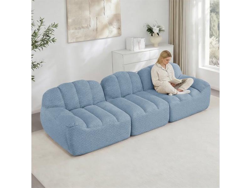 Canapé droit coquille 3 places bouclette bleu – 288 x 104 x 79 cm Fay Lum - Conforama D
