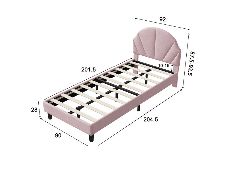  Lit simple 90x200, lit enfant capitonné avec tête de lit coquille réglable en hauteur, velours, style moderne scandinavo, rose  - Conforama E