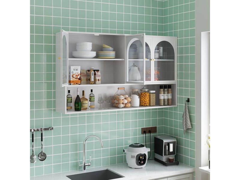  Armoire murale suspendue 120cm blanc en fer et verre à 4 portes avec vitrine  - Conforama E