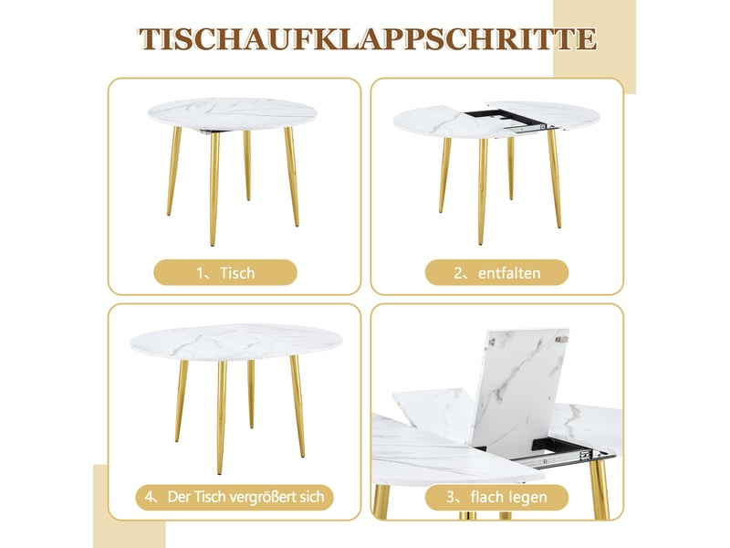 Table de salle à manger extensible ronde à ovale avec plateau en mdf et pieds métalliques dorés pour repas, blanche - Conforama E