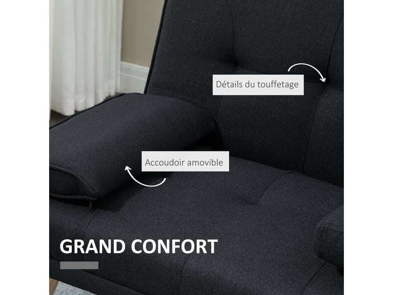  Canapé convertible 3 places, canapé-lit rembourré avec dossier réglable 3 niveaux, 2 coussins et 2 porte-gobelets intégrés, tissu de lin, pour salon, petit espace, chambre d'amis, gris  - Conforama R