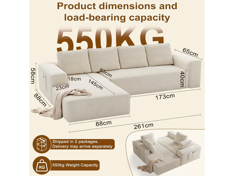  Canapé convertible - 4 places - sans montage - canapé-lit - avec fonction couchage - velours côtelé blanc - l 261 x h 58 x p 88 cm  - Conforama C