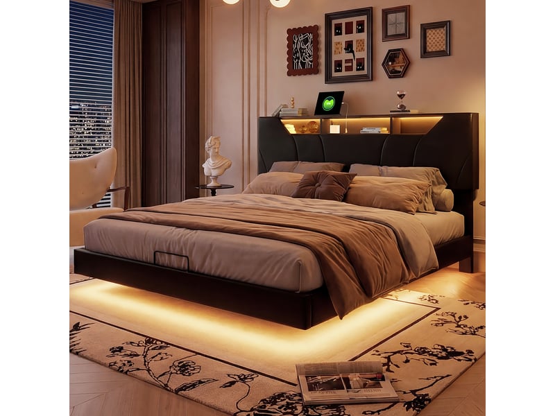  Lit 140x190 cm avec led et port usb,lit flottant ,lit double,lit suspendu,tête de lit avec rangement,pu,noir  - Conforama R