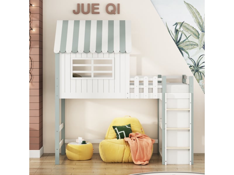  Lit cabane 90x200 cm, avec rangement et lattes, avec échelle et barrière, en bois, vert, sans matelas  - Conforama C