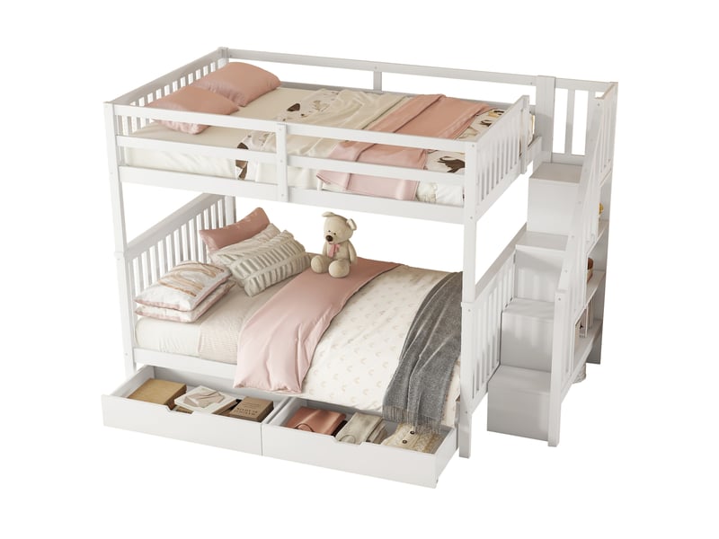  Lit superposé 140x200 cm avec escalier de rangement et 2 tiroirs blanc  - Conforama A