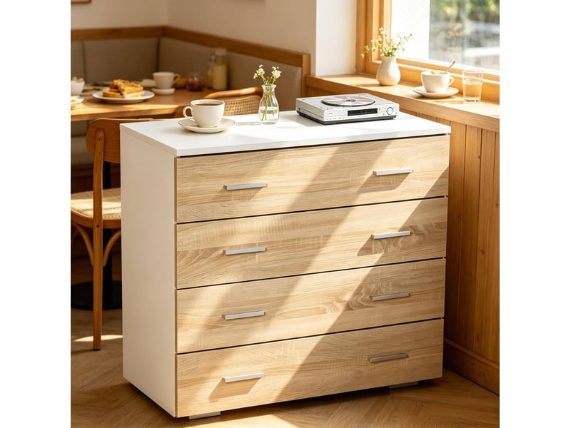  Commode 76x35x72 cm à 4 tiroirs, blanc et bois clair  - Conforama C