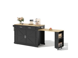 Desserte de cuisine 130x50x93 cm – noir et naturel – plan de travail extensible, prises usb et roulettes