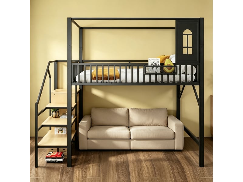  Lit mezzanine 140x200 cm en métal noir avec escalier et cadre en forme de toit  - Conforama E