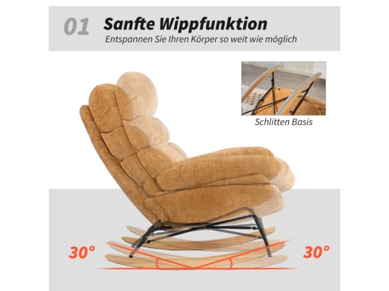  Fauteuil à bascule rembourré jaune avec pieds en acier et patins en bois  - Conforama E