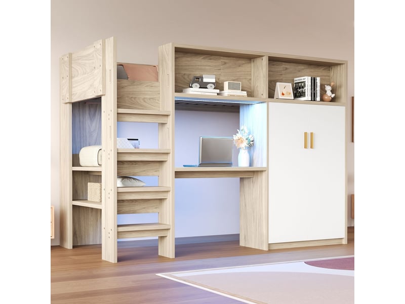  Lit combine enfant 90x200, échelle sécurisée lit enfant, bureau intégré, armoire 2 portes, led ambiance, rangements multiples  - Conforama A