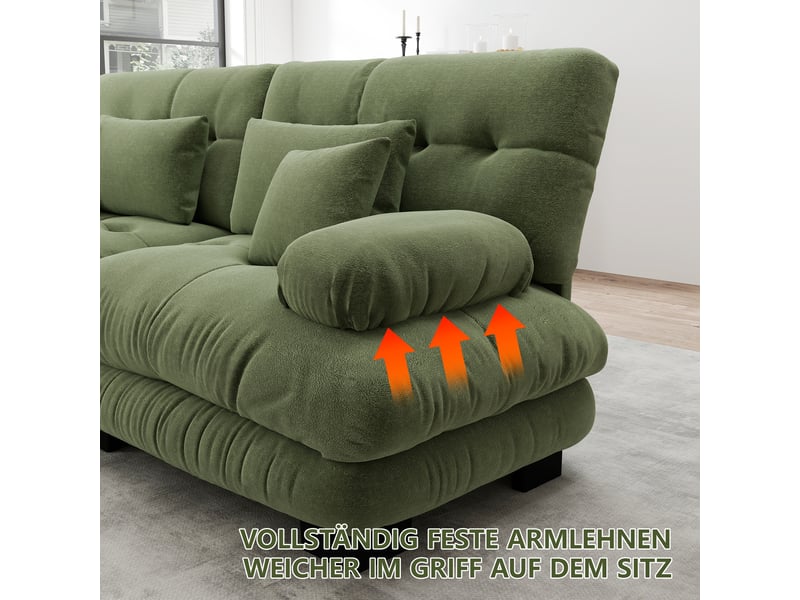  Canapé modulable d'angle en u, canapé panoramique 313x145 cm, revêtement chenille vert, salon grand format  - Conforama R