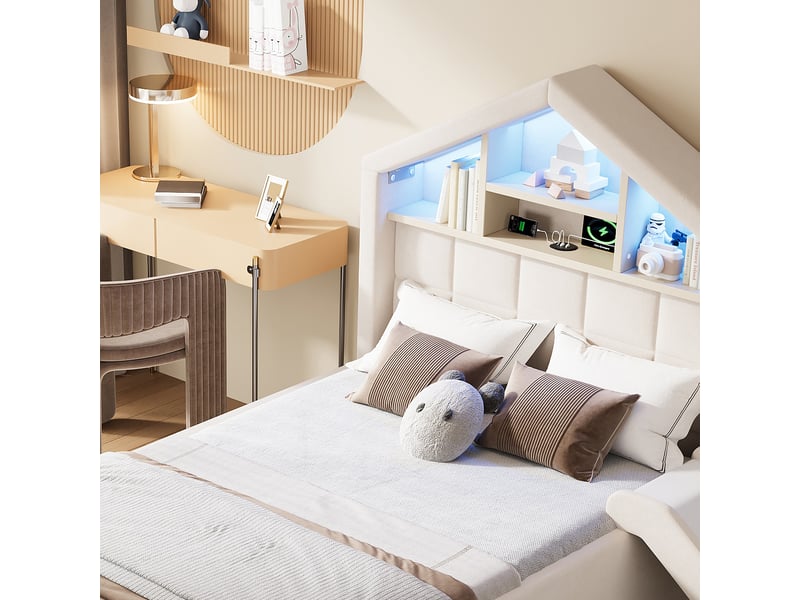  Lit enfant rembourré 90 x 200 cm avec toboggan, led, port de charge, rangement et coffre, beige  - Conforama E