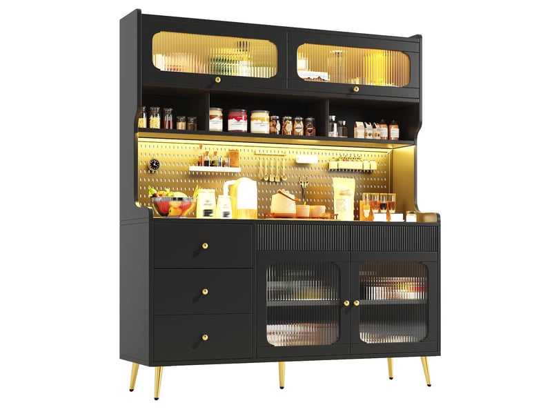  Buffet haut avec led, porte relevable en verre et tiroir noir 145x39x171 cm N620GG260104S - Conforama A
