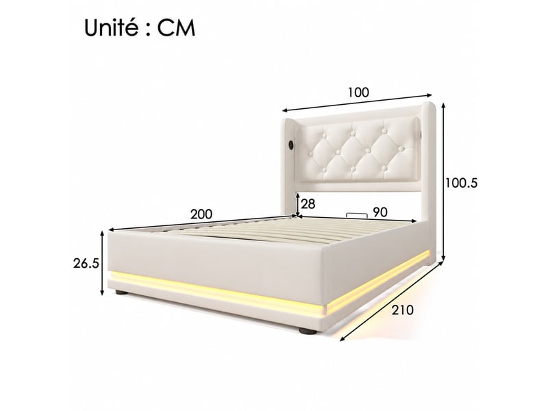  Lit coffre simple 90×200 cm en similicuir blanc avec usb, type-c et led réglable, matelas inclus  - Conforama D