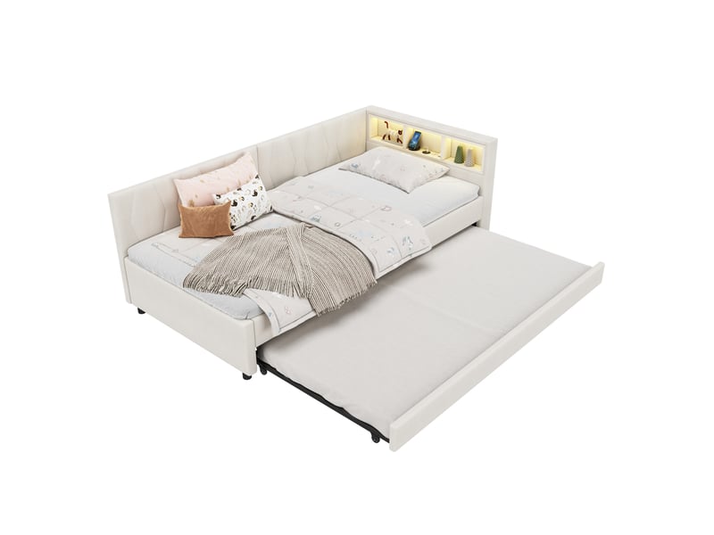  Lit gigogne 90x200 cm avec lit d'appoint, usb-c et led en lin beige  - Conforama A