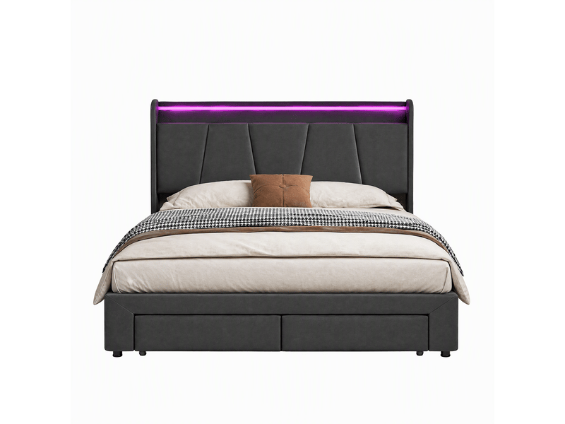 Lit coffre 160x200 avec led et usb, lit double avec led et tiroir lit 2 places avec rangement et tête de lit rembourré cadre de lit capitonnée avec 2 tiroirs lit 2 personnes lin gris, sans matelas - Conforama A
