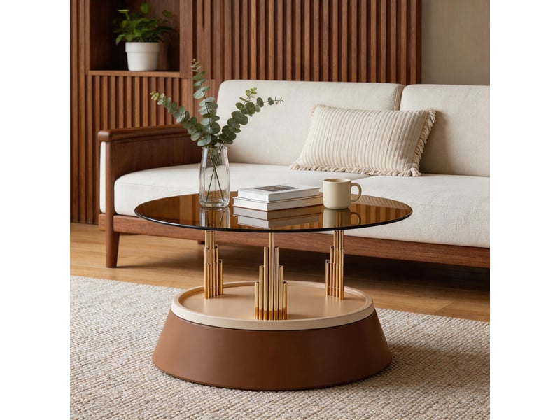 Table basse gigogne en verre, lot de 2 tables de salon rondes, plateau en verre trempé et métal, marron - Conforama R