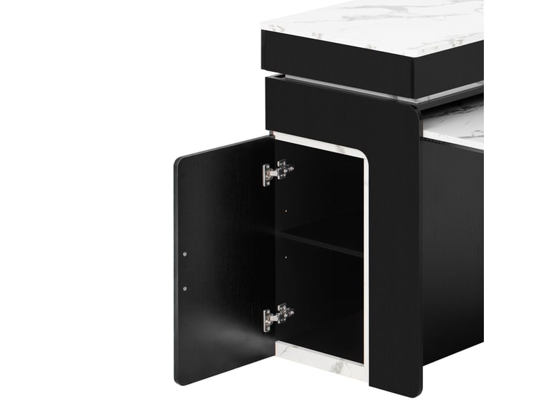  Îlot de cuisine extensible à roulettes noir avec 2 tiroirs 2 portes, led, effet marbre  - Conforama R