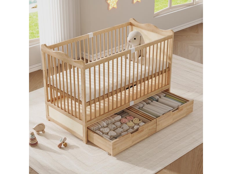  Lit bébé en bois de pin massif 70x140 cm - lit à barreaux avec 2 tiroirs de rangement et 4 hauteurs réglables - bois naturel  - Conforama C