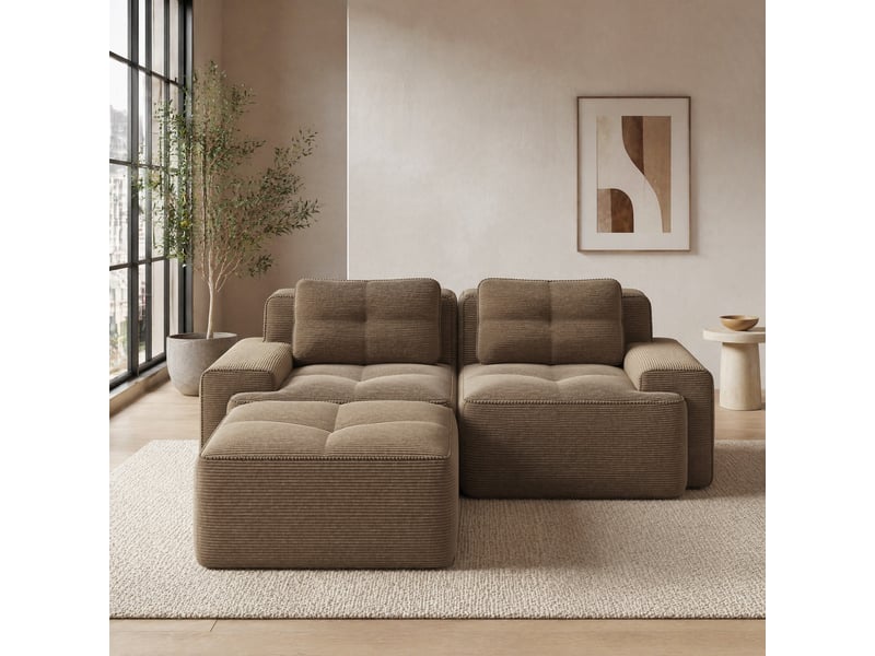  Canapé modulable 2 places en velours côtelé marron avec ottomane  - Conforama B