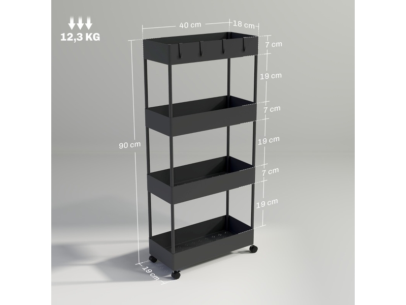  Desserte de cuisine 40 x 19 x 90 cm – noire – 4 niveaux, roulettes freinées et crochets amovibles  - Conforama C