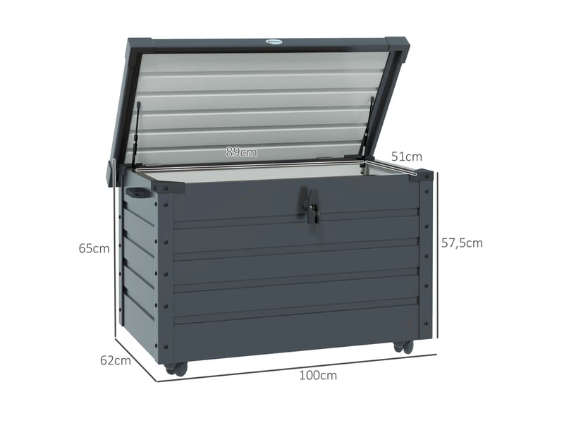  Coffre de rangement extérieur 100x62x65 cm – gris foncé – 295 l, acier galvanisé, roulettes et serrure  - Conforama C