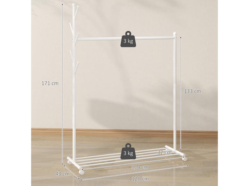  Portant à vêtements sur roulettes avec étagère et 5 crochets blanc 120 x 43 x 171 cm  - Conforama C