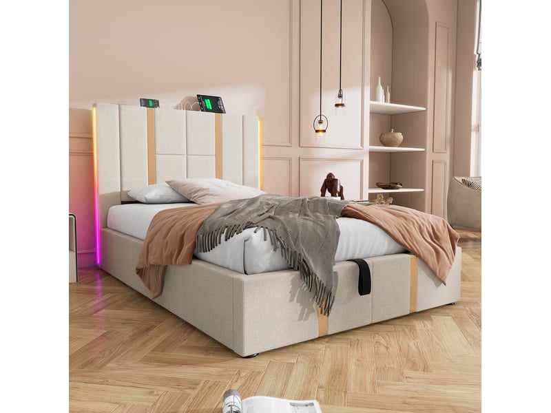  Lit coffre 1 place 90x200 cm led rgb usb et type-c en lin beige  - Conforama C