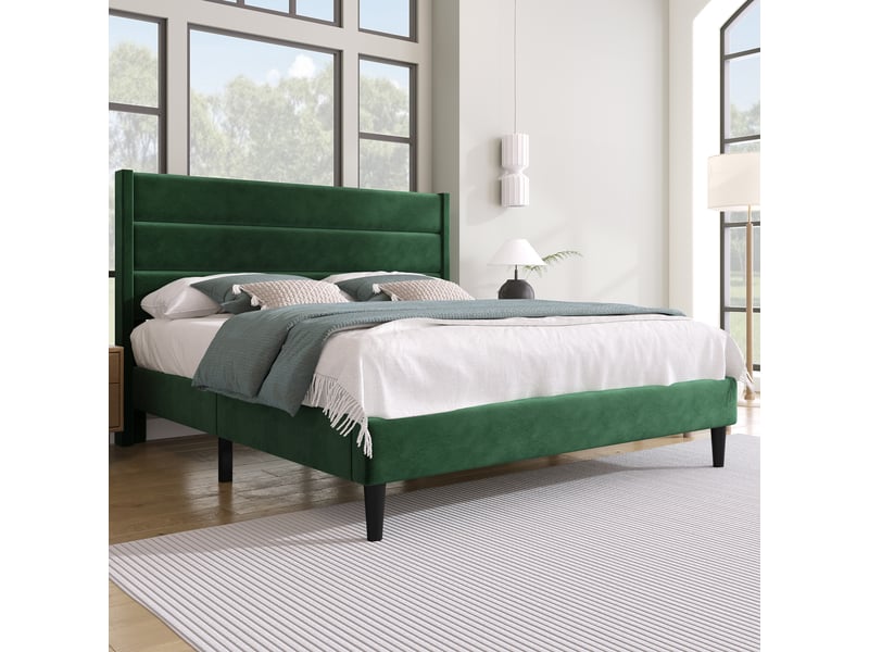 Lit double rembourré 140x200 cm, sommier a lattes et tête de lit, lit enfant rembourré, lit adulte, revêtement textile en lin, vert  - Conforama A