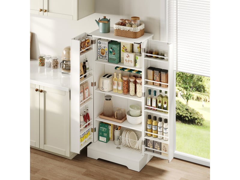  Armoire de salle à manger 128,5 cm - style ferme, led, 2 portes, étagères réglables, blanc relief  - Conforama B