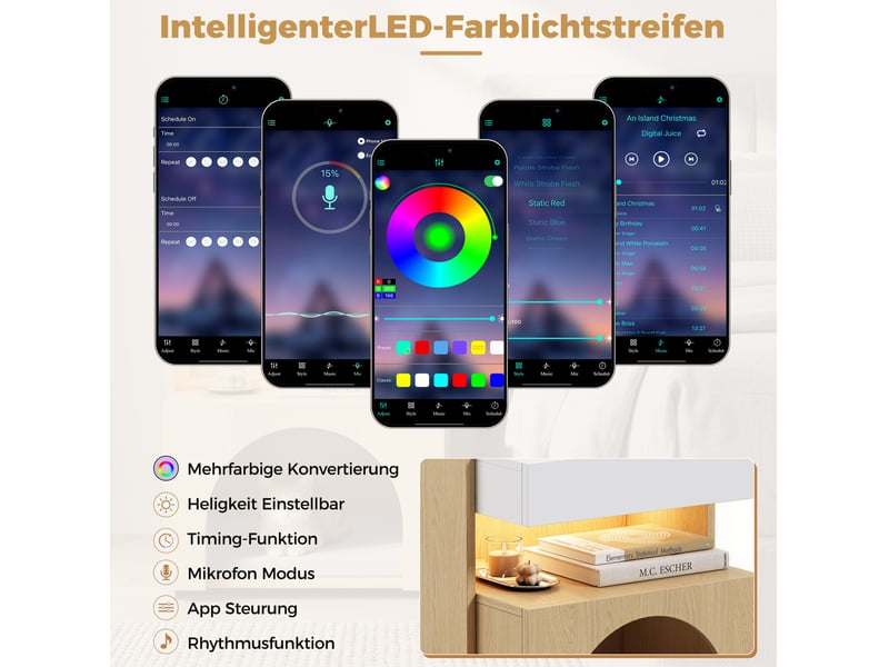  Table de chevet multifonction avec niche pour félin et led – blanc et naturel – 47 x 39 x 58 cm  - Conforama E