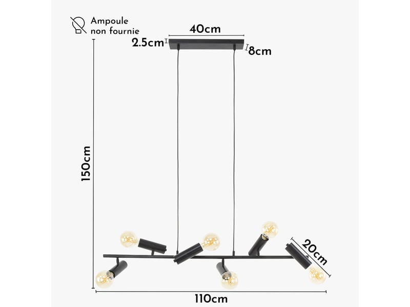  Suspension 6 lampes pivotantes en métal gris foncé 110x150 cm  - Conforama E