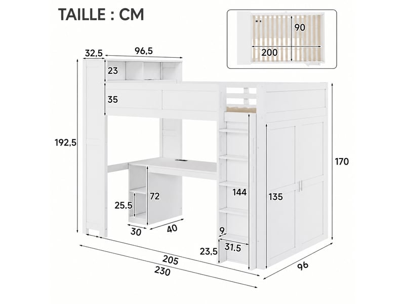  Lit mezzanine 90x200 cm avec bureau, armoire et rangements, éclairage led et prise usb, structure blanche  - Conforama C