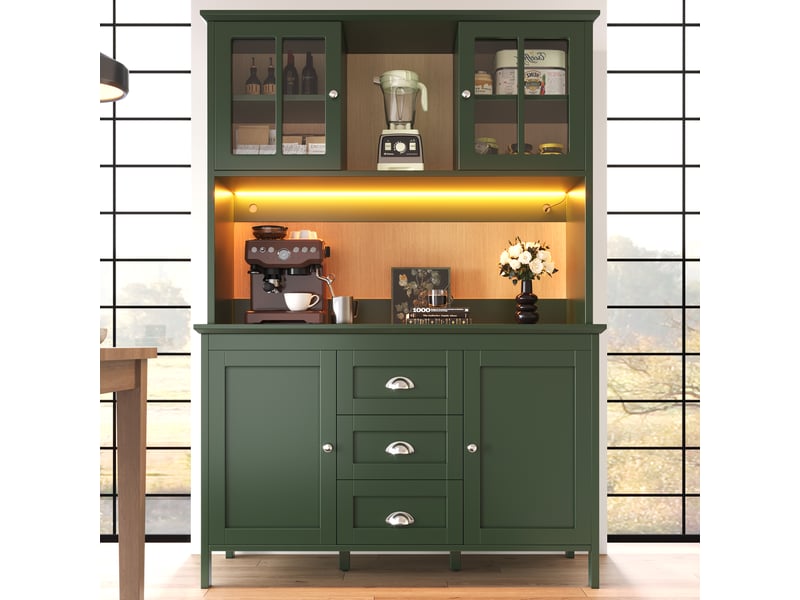Armoire de cuisine verte buffet haut 120 cm avec portes en verre marron et éclairage led - Conforama E