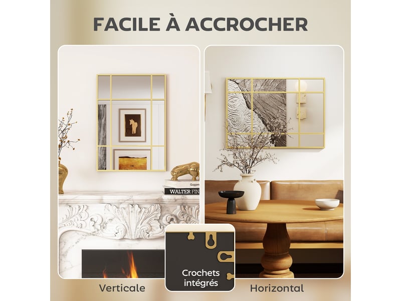  Miroir mural verrière rectangulaire style fenêtre, horizontal ou vertical avec 4 crochets, en métal doré - 50x70 cm  - Conforama E