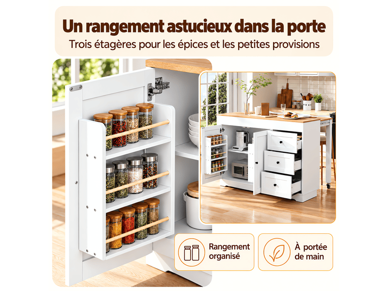  Îlot de cuisine blanc sur roulettes muvano avec plan de travail effet bois, 3 tiroirs et 2 portes  - Conforama E