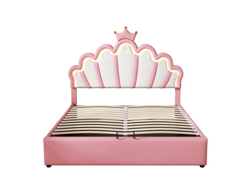 Lit princesse rose 140x200 cm rembourré avec couronne et led réglable - Conforama A