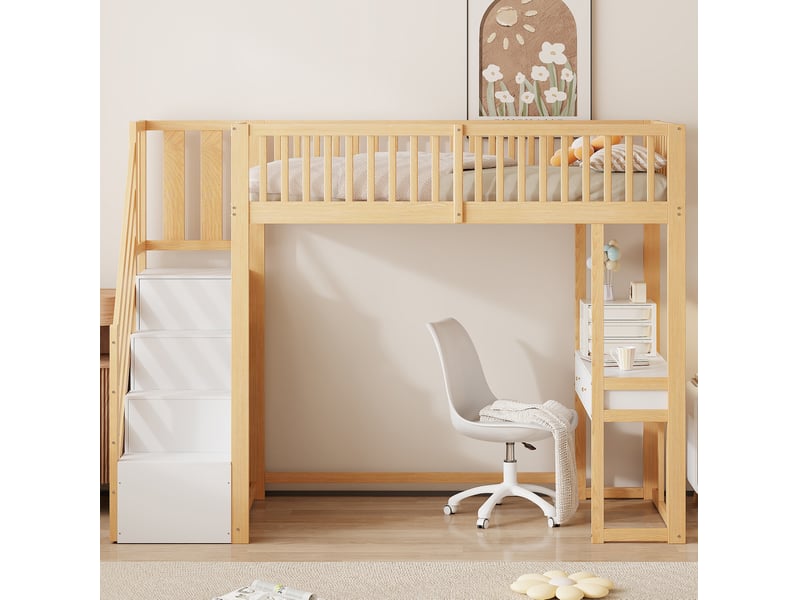  Lit en hauteur, 90x200 cm, avec table multifonction, escalier de rangement, matelas non inclus, bois, coloris blanc  - Conforama E