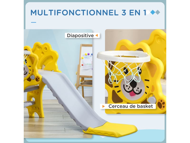  Toboggan pour enfants intérieur extérieur avec panier de basket pour les enfants de 18 à 36 mois, jaune, gris  - Conforama D