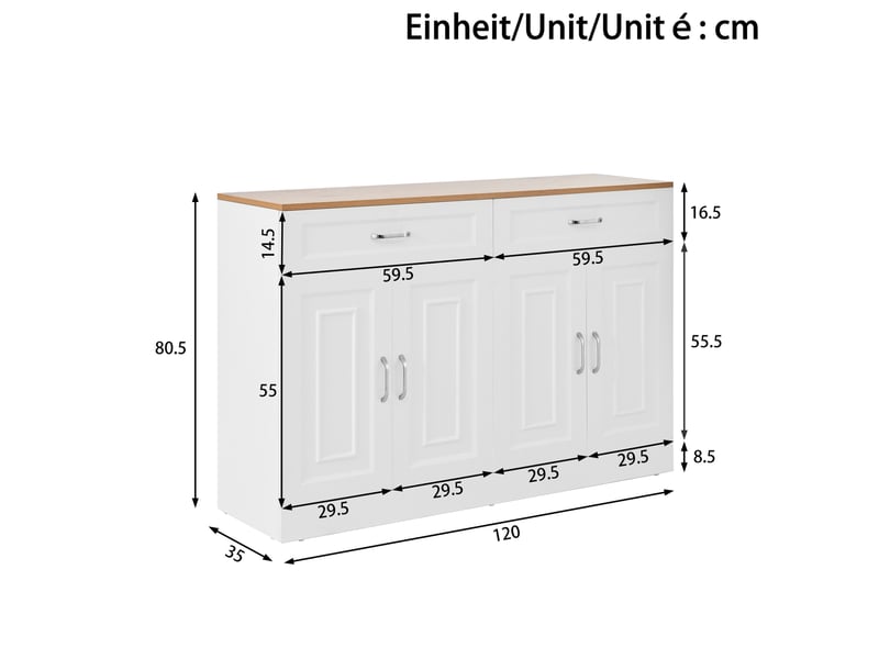 Buffet bas 4 portes et 2 tiroirs en bois et blanc 120 x 35 x 80,5 cm - Conforama E