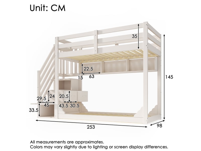 Lit superposé enfant 90x200 cm – blanc – escalier-rangement, 2 tiroirs et 3 étagères ouvertes – sans matelas - Conforama C