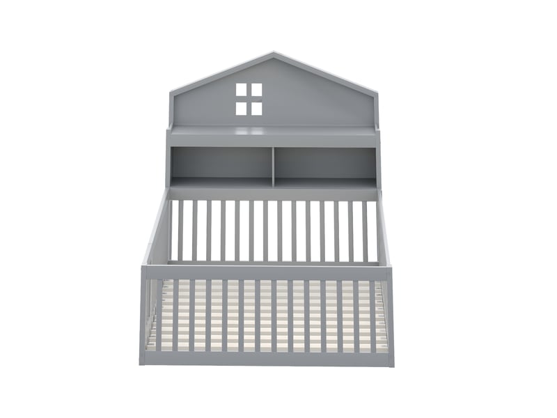  Lit enfant cabane avec rangements, bois massif gris, 140x200 cm, barrières, porte et étagères  - Conforama A