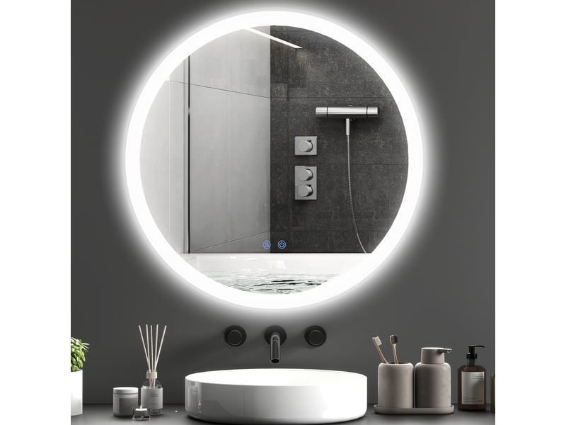  Miroir de salle de bain rond avec éclairage led 70x70cm, miroir antibuée, 3 couleurs d'éclairage, fonction mémoire, interrupteur tactile  - Conforama C