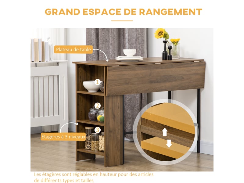  Ilot centra table de bar plateau latéral  rabattable et 3 étagères marron 120 x 76 x 91,4 cm  - Conforama E