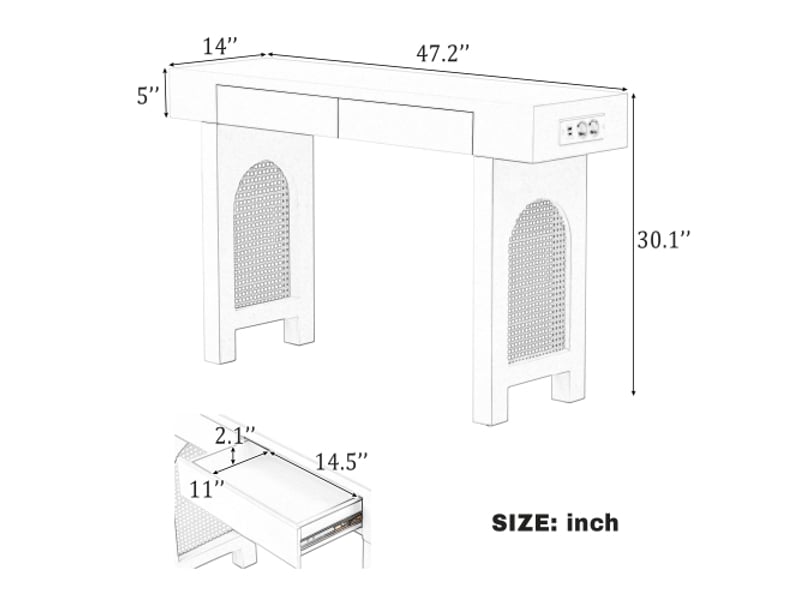  Table console avec tiroirs - noir - multiprise intégrée - tiroirs indépendants - pieds réglables 120x35.5x76.5cm - Conforama A