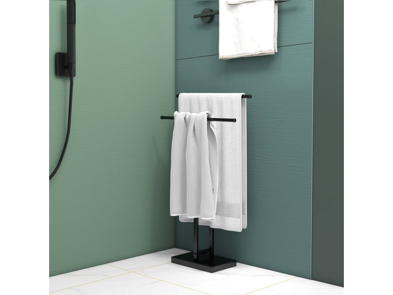  Porte-serviettes sur pied autoportant 2 niveaux en métal pour la salle de bain, noir, dim. 50l x 18,5p x 85h cm  - Conforama R